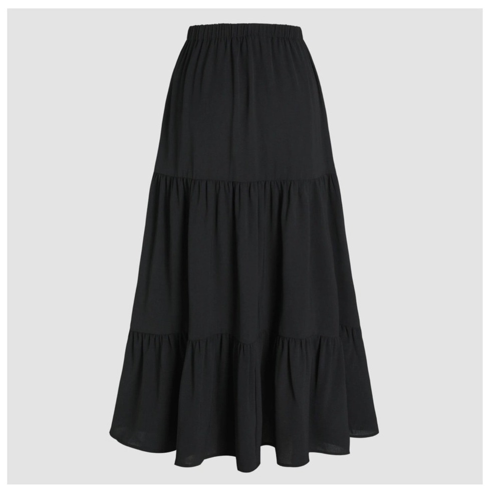 Cider Tired Look S Black Maxi Skirt Adapts to your Shape Ruffle Hem Side Slit - Picture 9 of 10
